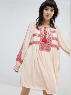 Free People Wind Willow Embroidered Tunic ivory gauze sz small oversized